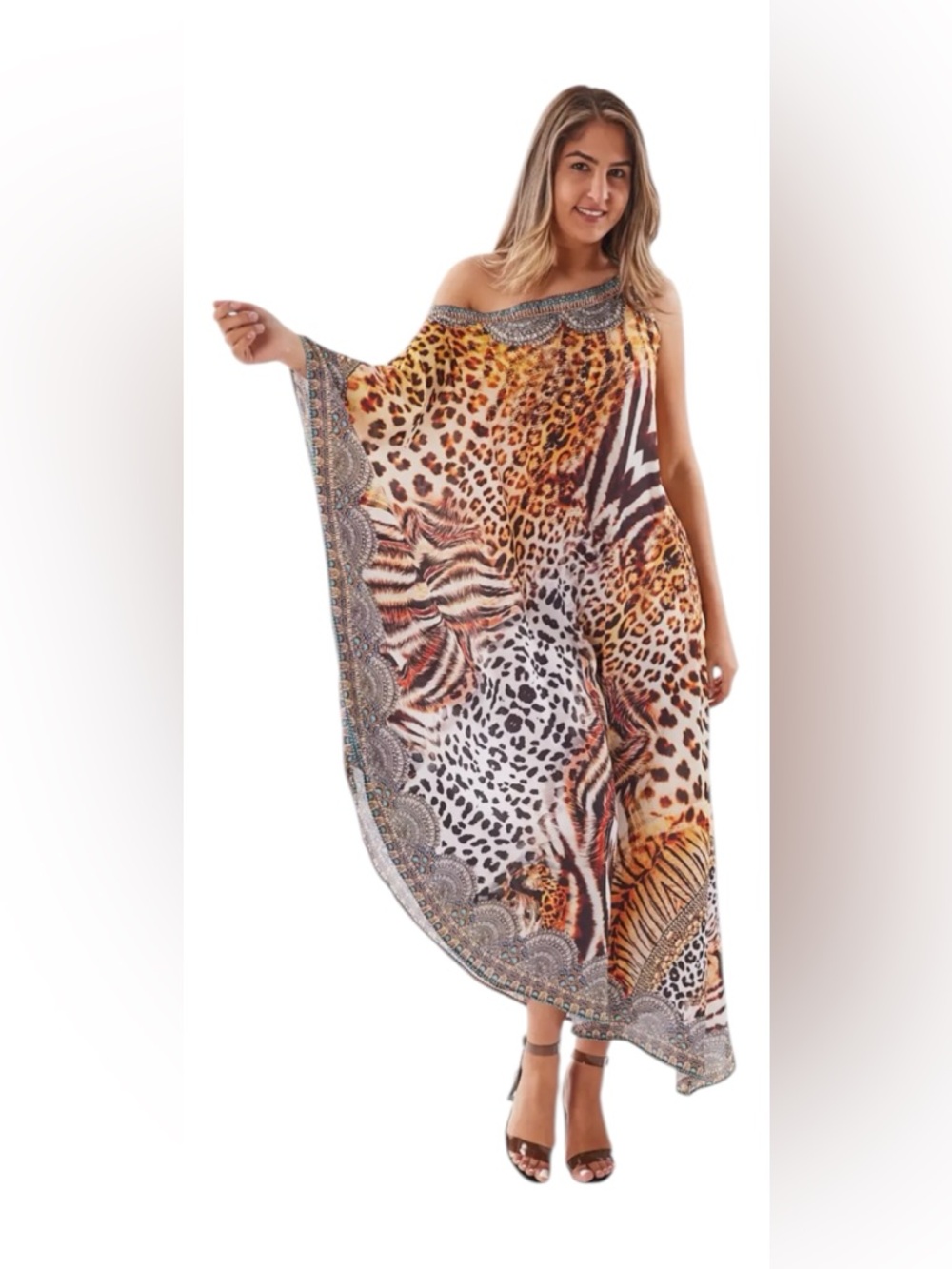 Luxe Silk One Shoulder Kaftan Dress Animal Print Resort Maxi